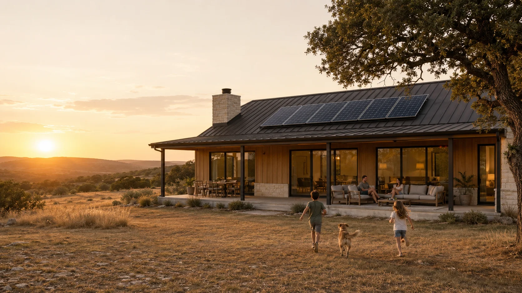 A modern Kindred Field home in the Texas Hill Country at golden hour
