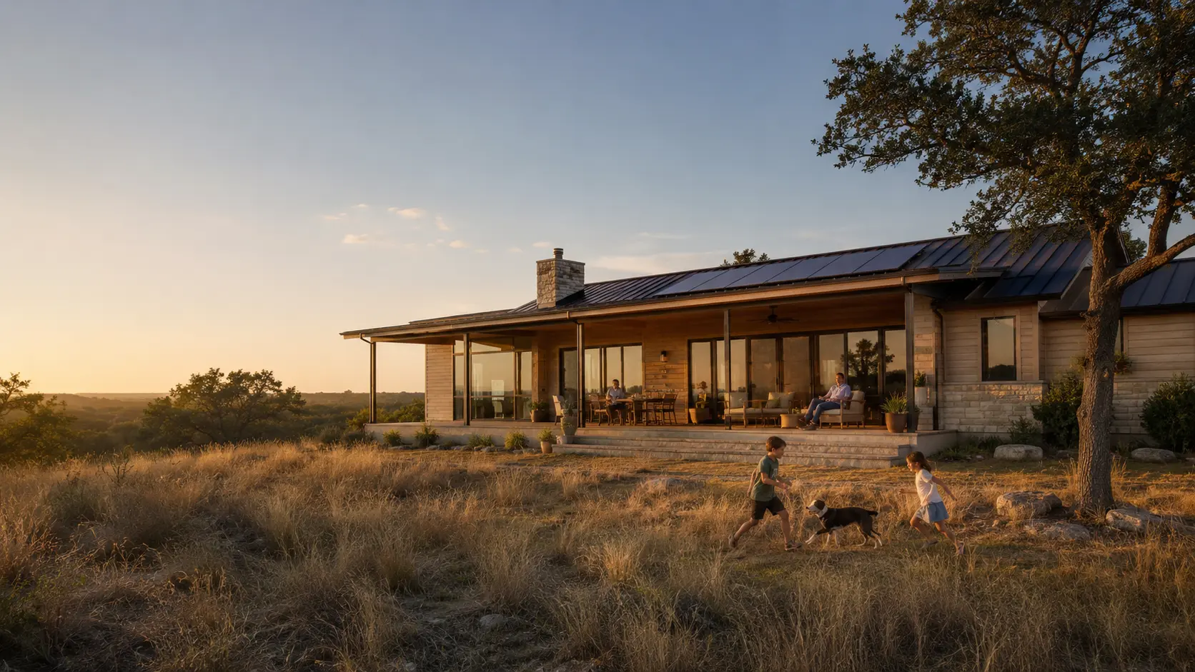 A modern Kindred Field home in the Texas Hill Country at golden hour
