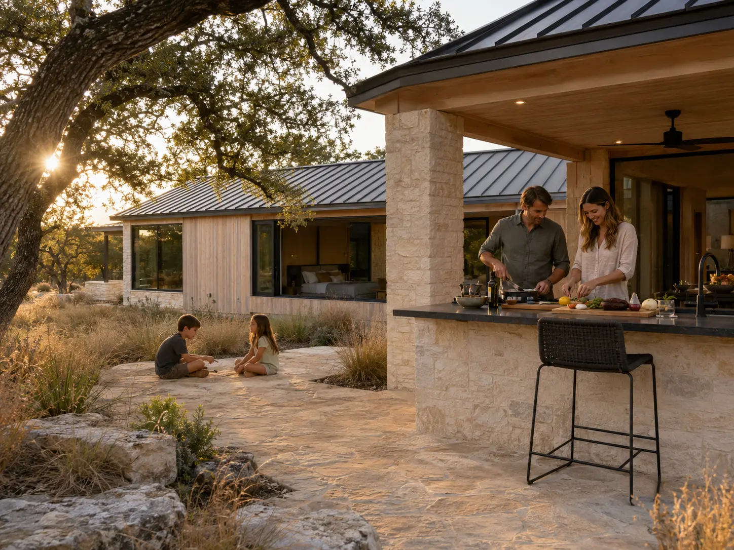 A family enjoying coffee together on the covered porch of a Field House