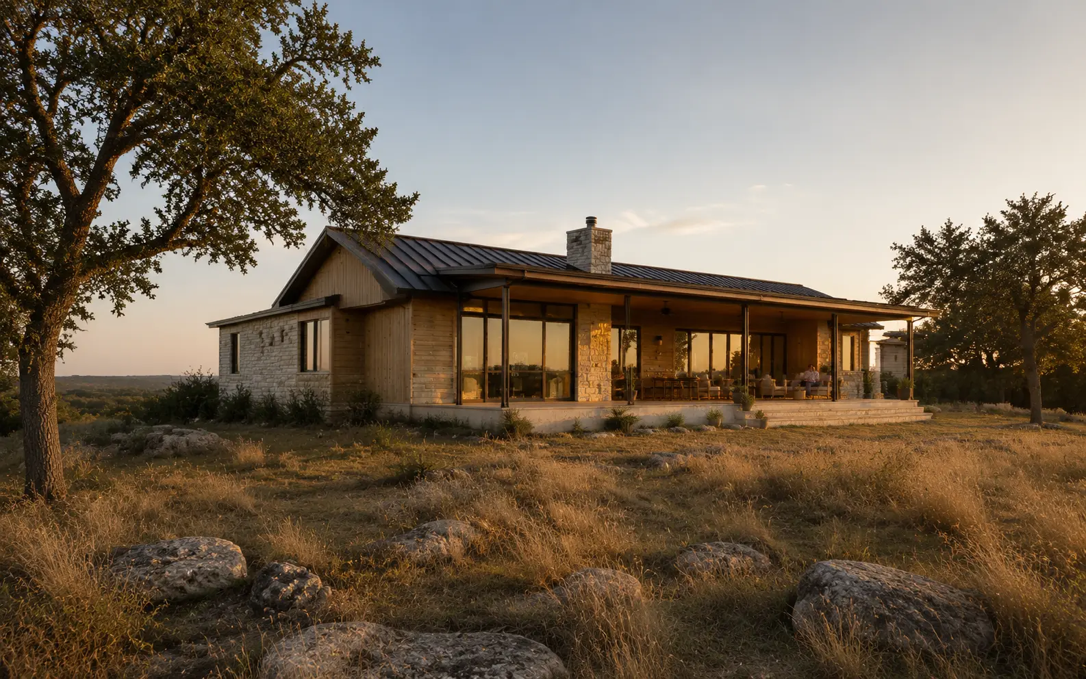 The open living spaces of a modern Field House in the Texas landscape