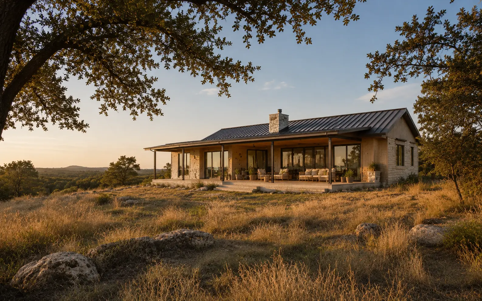 Aerial view of the two-bedroom Field House in the Texas Hill Country