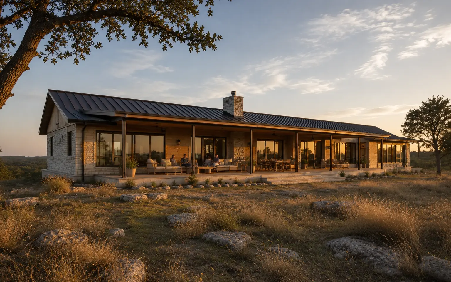 The three-bedroom Field House at golden hour with a family outside