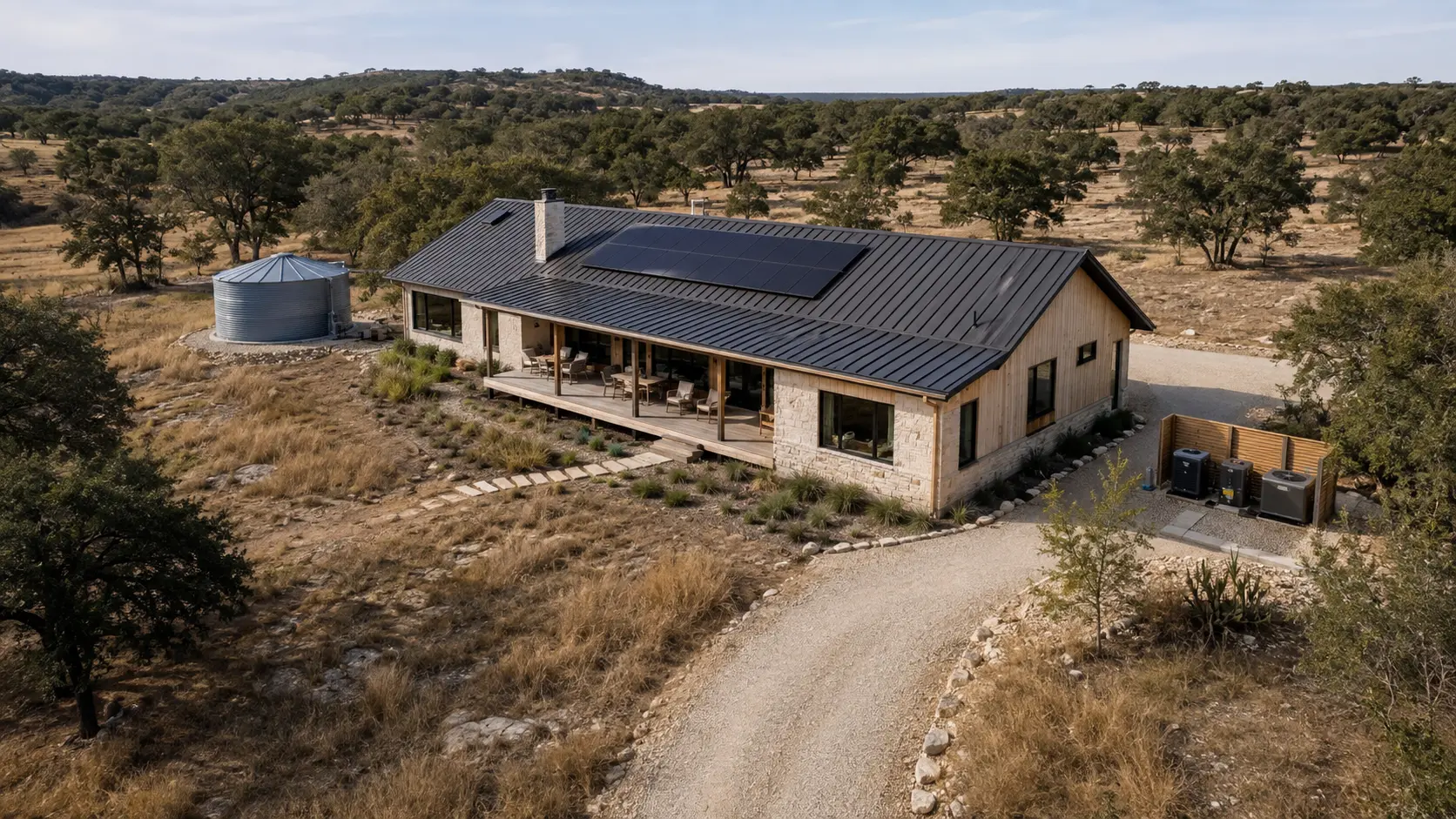 Aerial view of a Field House module and prepared rural site