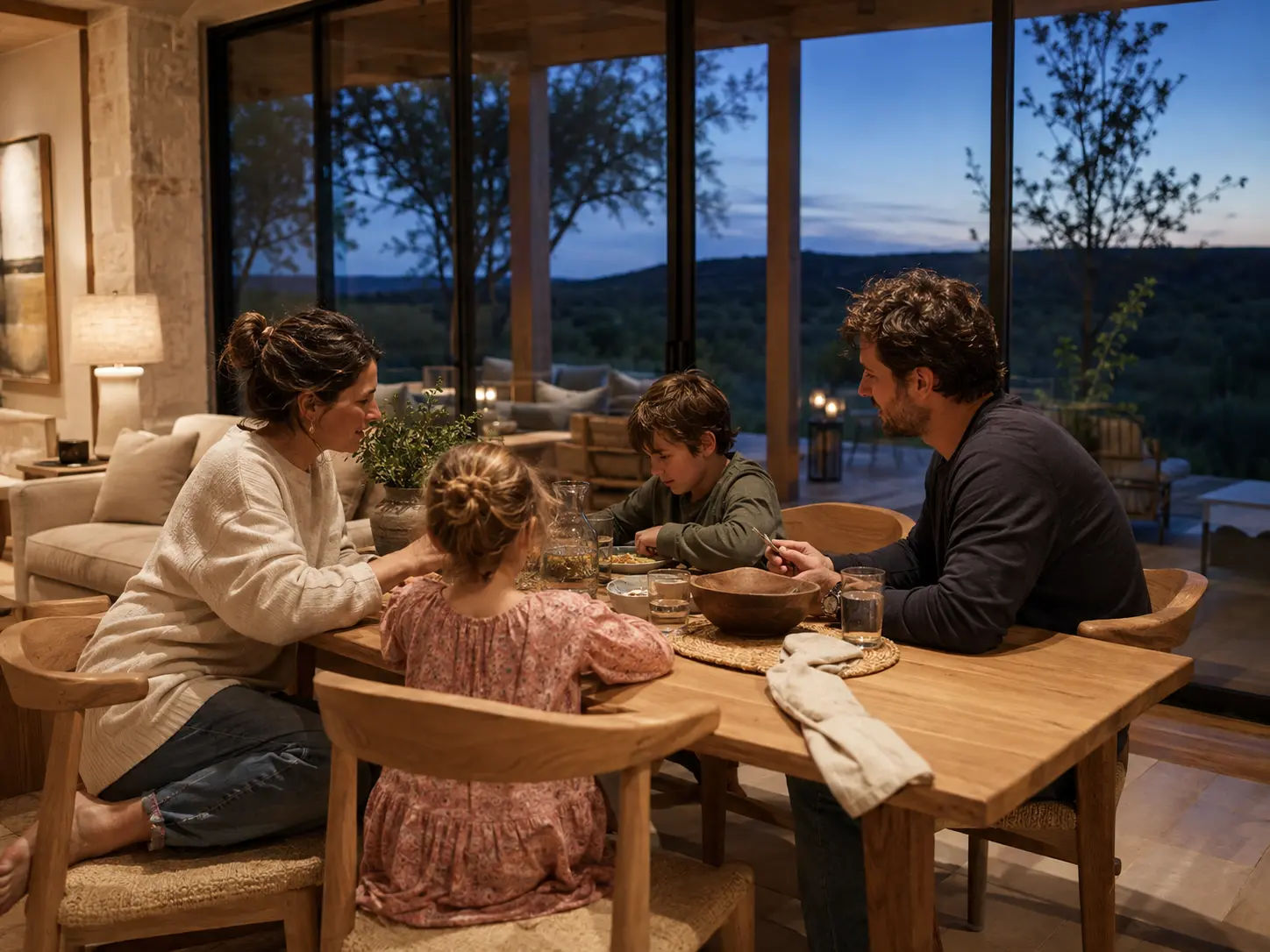A family sharing dinner inside a warm Field House at dusk