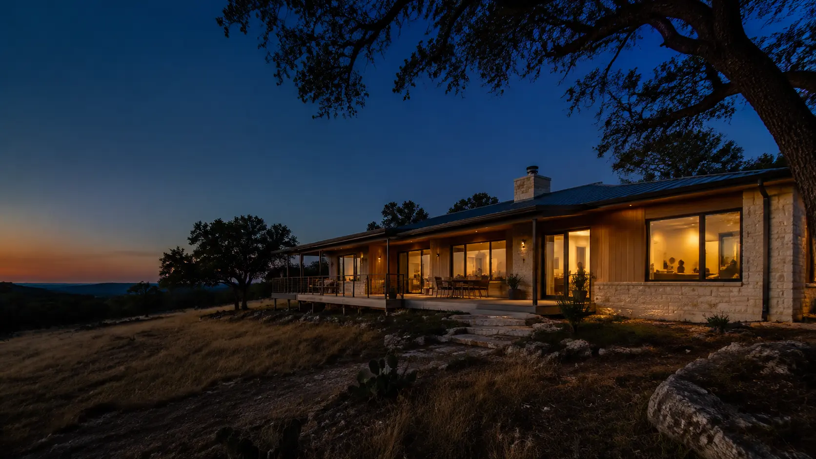 A completed Field House glowing at dusk