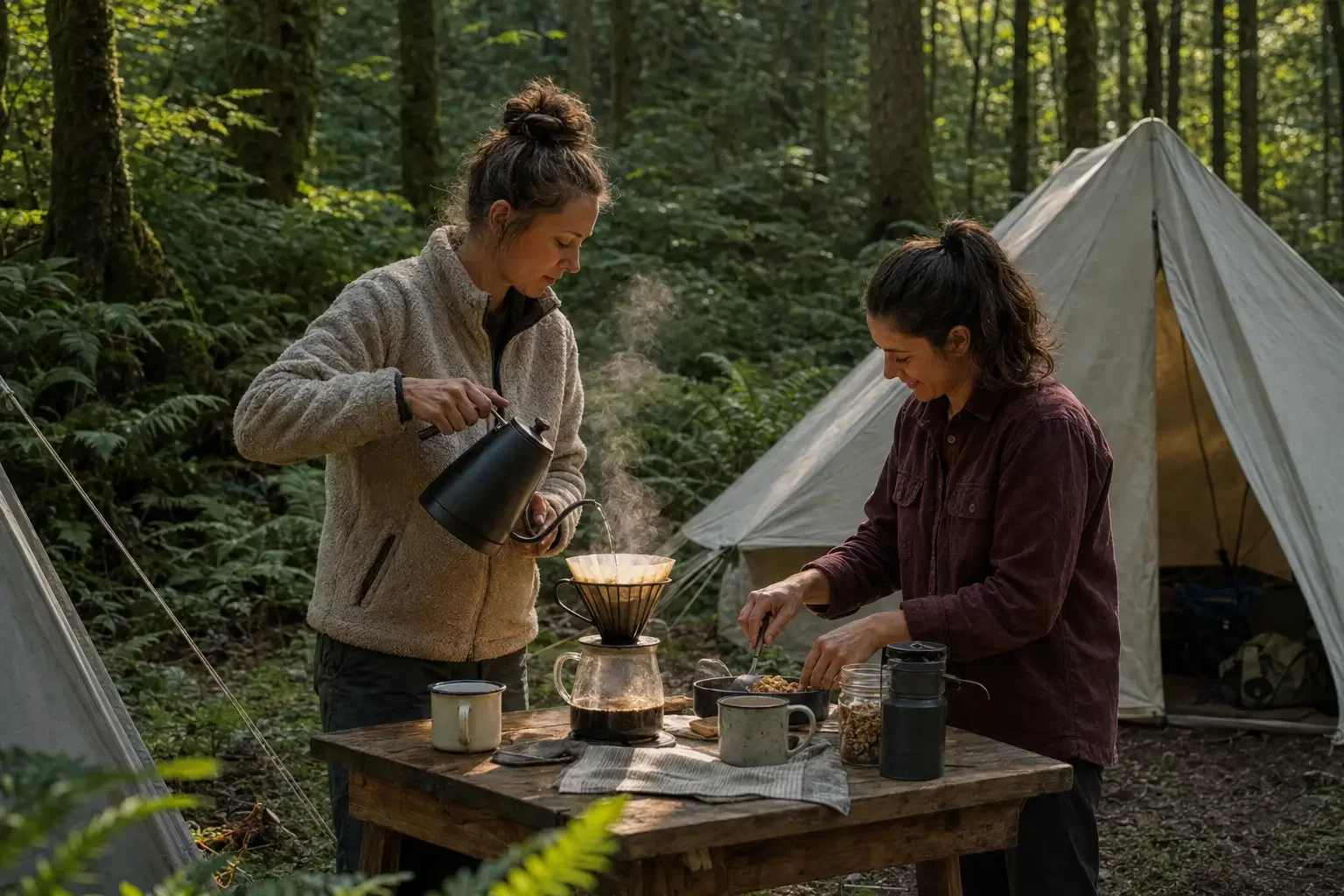 Coffee being prepared at a forest camp