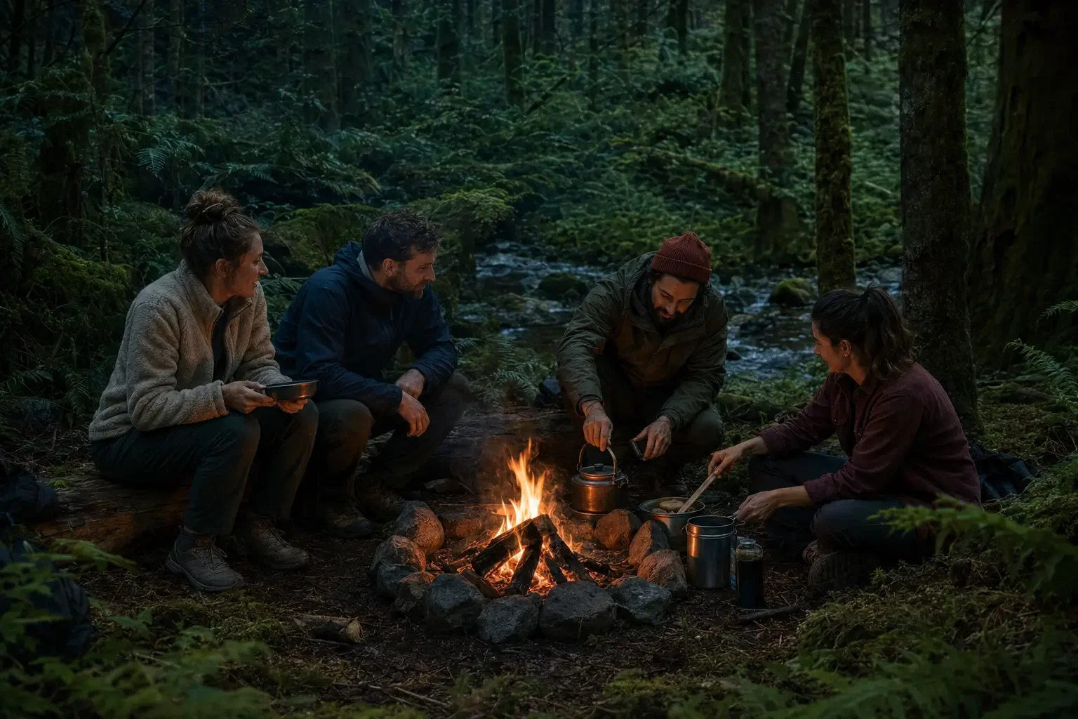 Travelers gathered around a campfire in a forest