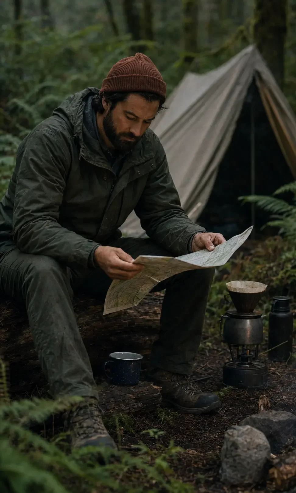 Elias Ward studying a trail map beside his forest camp