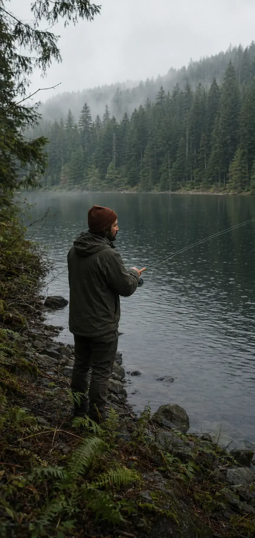 A guide fishing beside a misty mountain lake