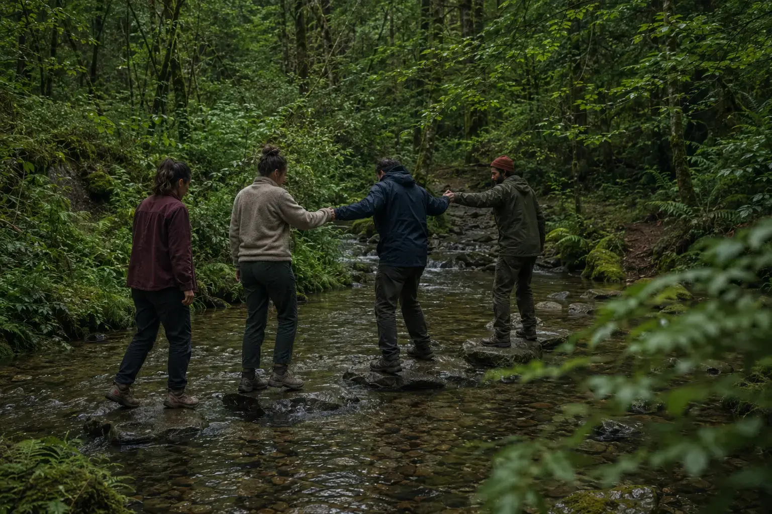 A small group crossing a shallow forest river