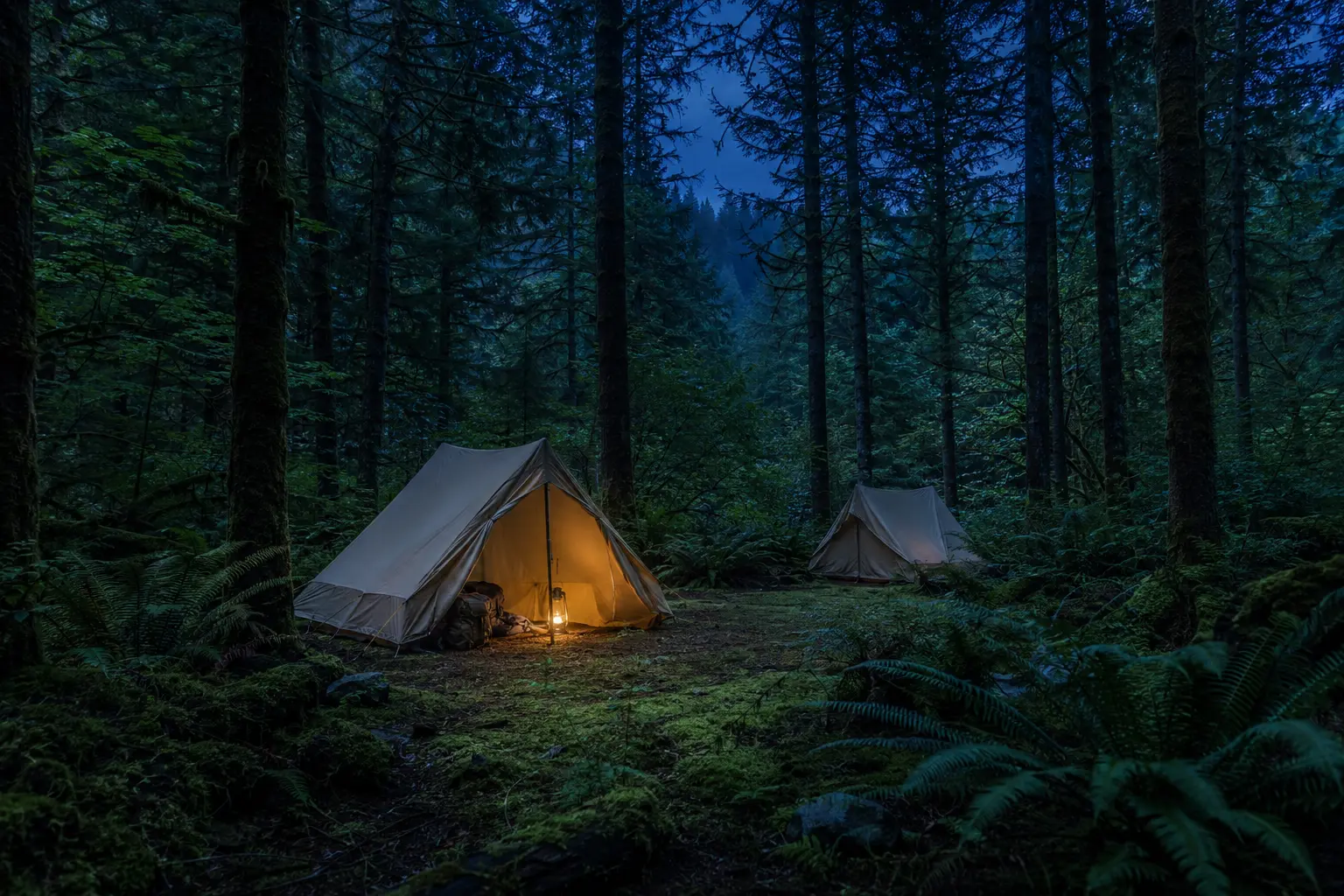 A tent camp in the forest at dusk